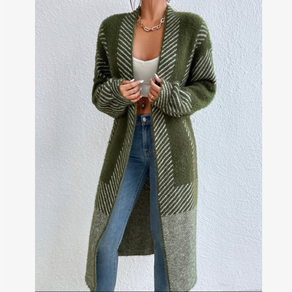 Oversized Color Block Stripes Fuzzy Open Front Duster Sweater Cardigan - Picture 9 of 10